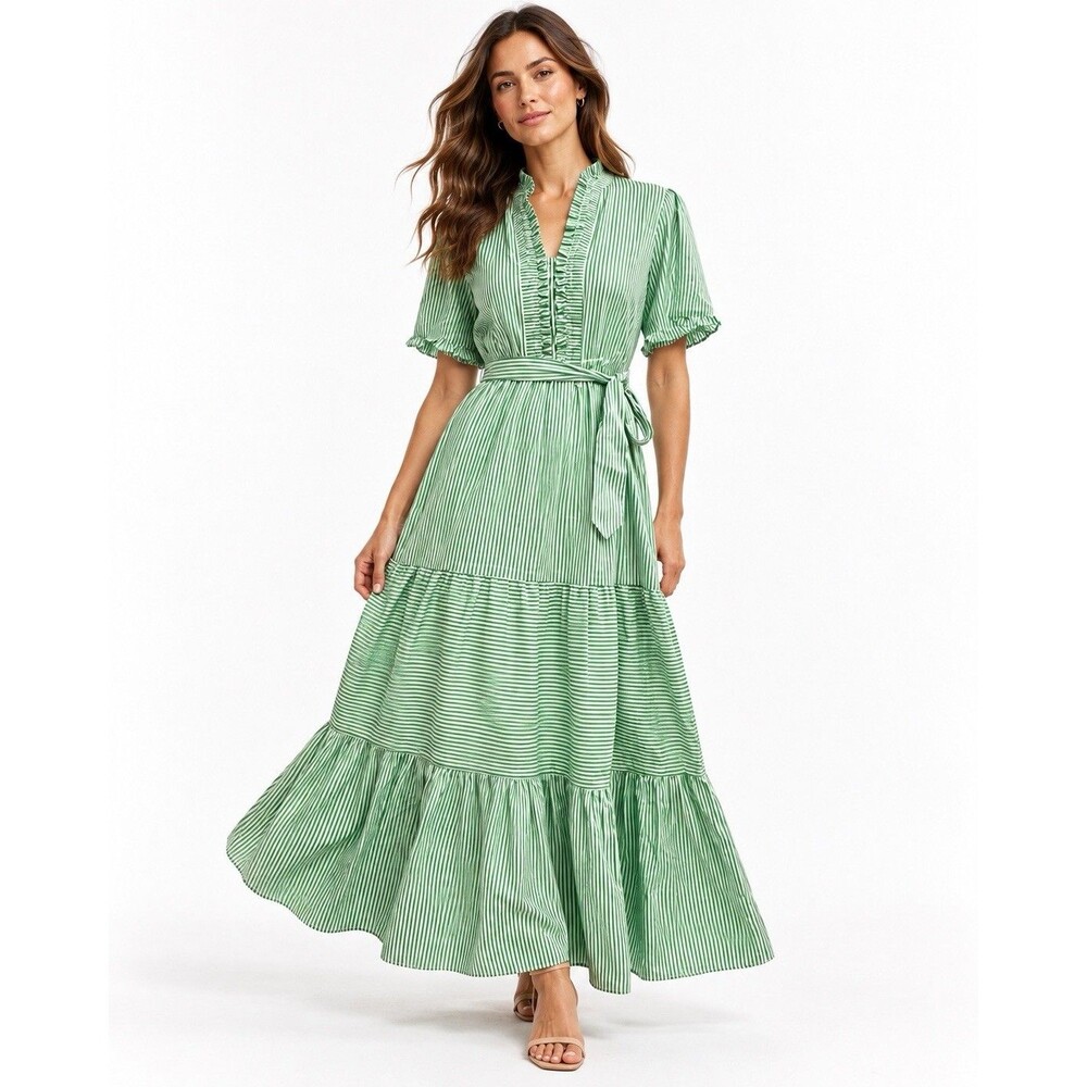 London Times Green White Stripe Ruffle Tie Waist Tiered Maxi Dress NWT Size 10
